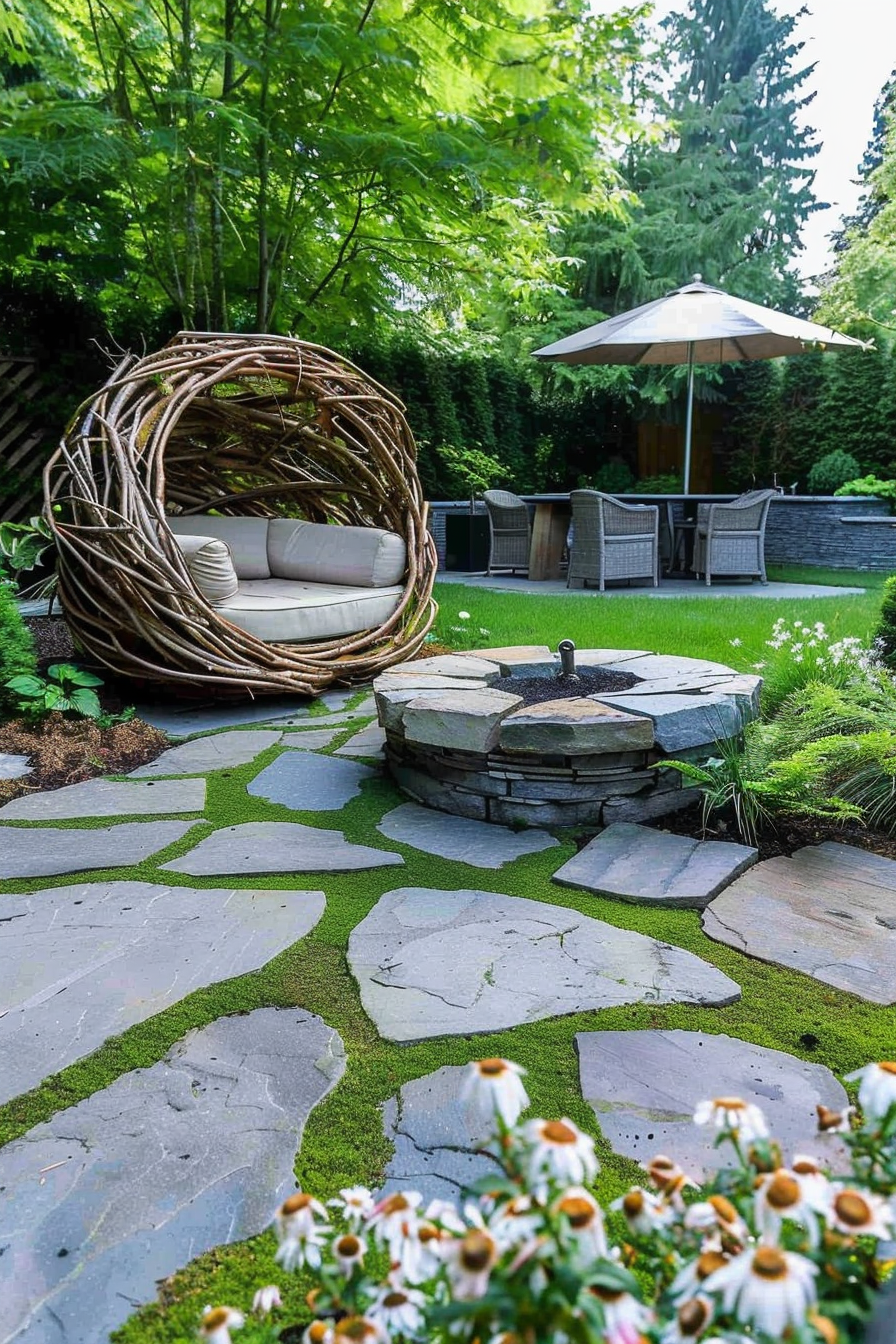 A tranquil garden with a woven nest-like chair, stone pathway, fire pit, outdoor furniture, and lush greenery.