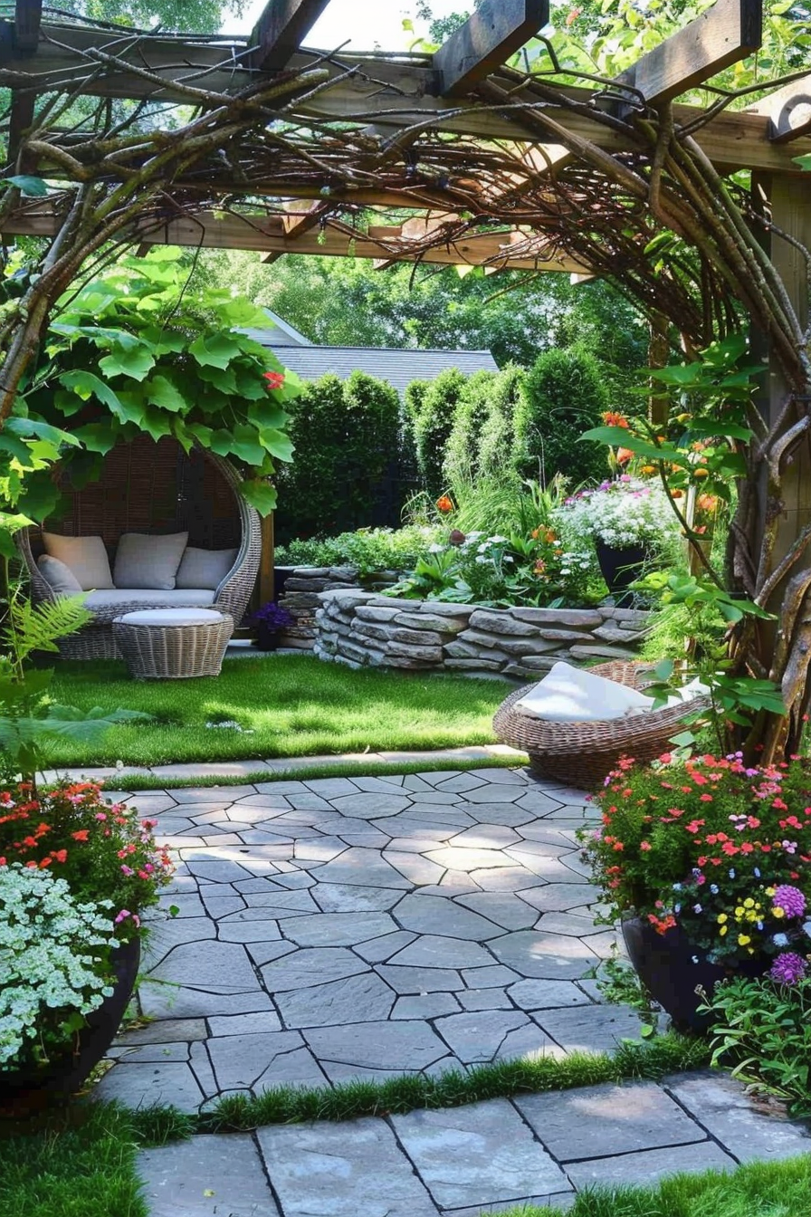 ALT: A cozy garden nook with a wicker daybed under a branch archway, surrounded by lush flowers, stone pathways, and a neatly trimmed lawn.