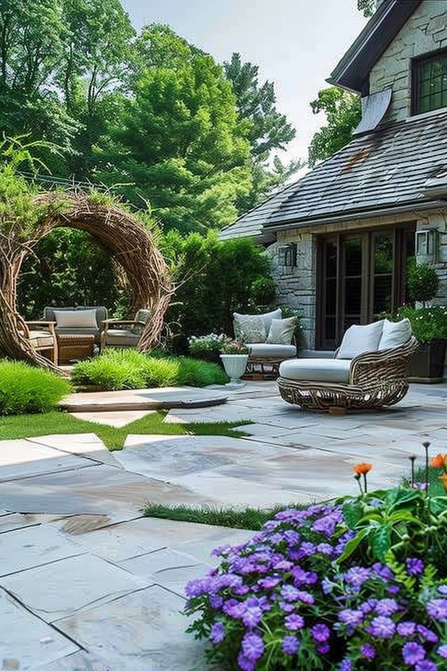 Lush garden patio with stone pathway, wicker furniture, and a whimsical circular twig archway amidst greenery and flowering plants.