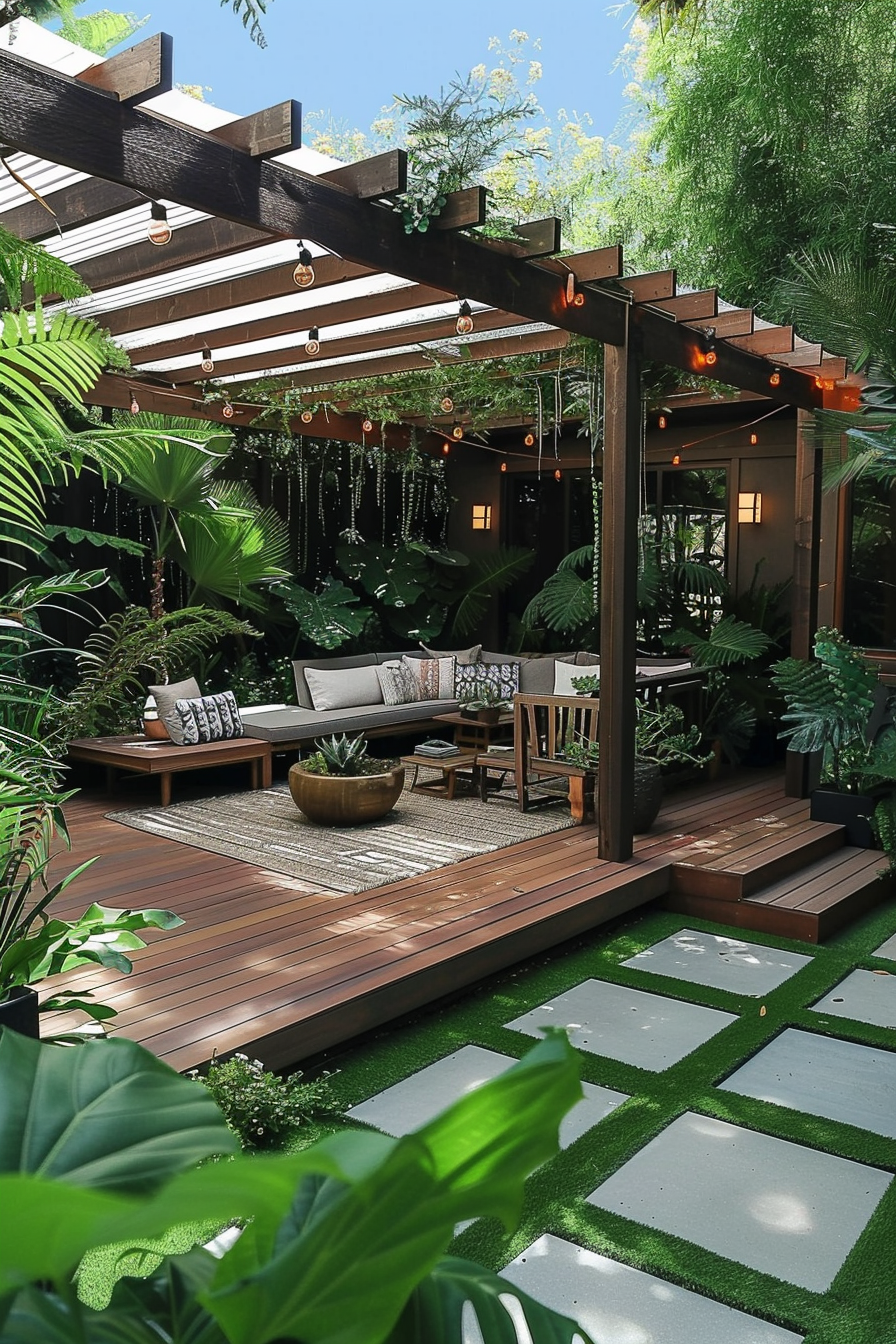 A cozy outdoor patio with wooden decking, comfortable seating, hanging string lights, and lush greenery under a pergola.