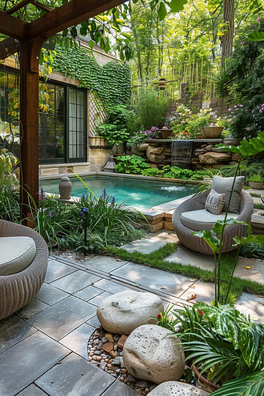 "Tranquil garden with a small pool, surrounded by lush greenery, flowers, stone path, and comfortable outdoor seating areas."
