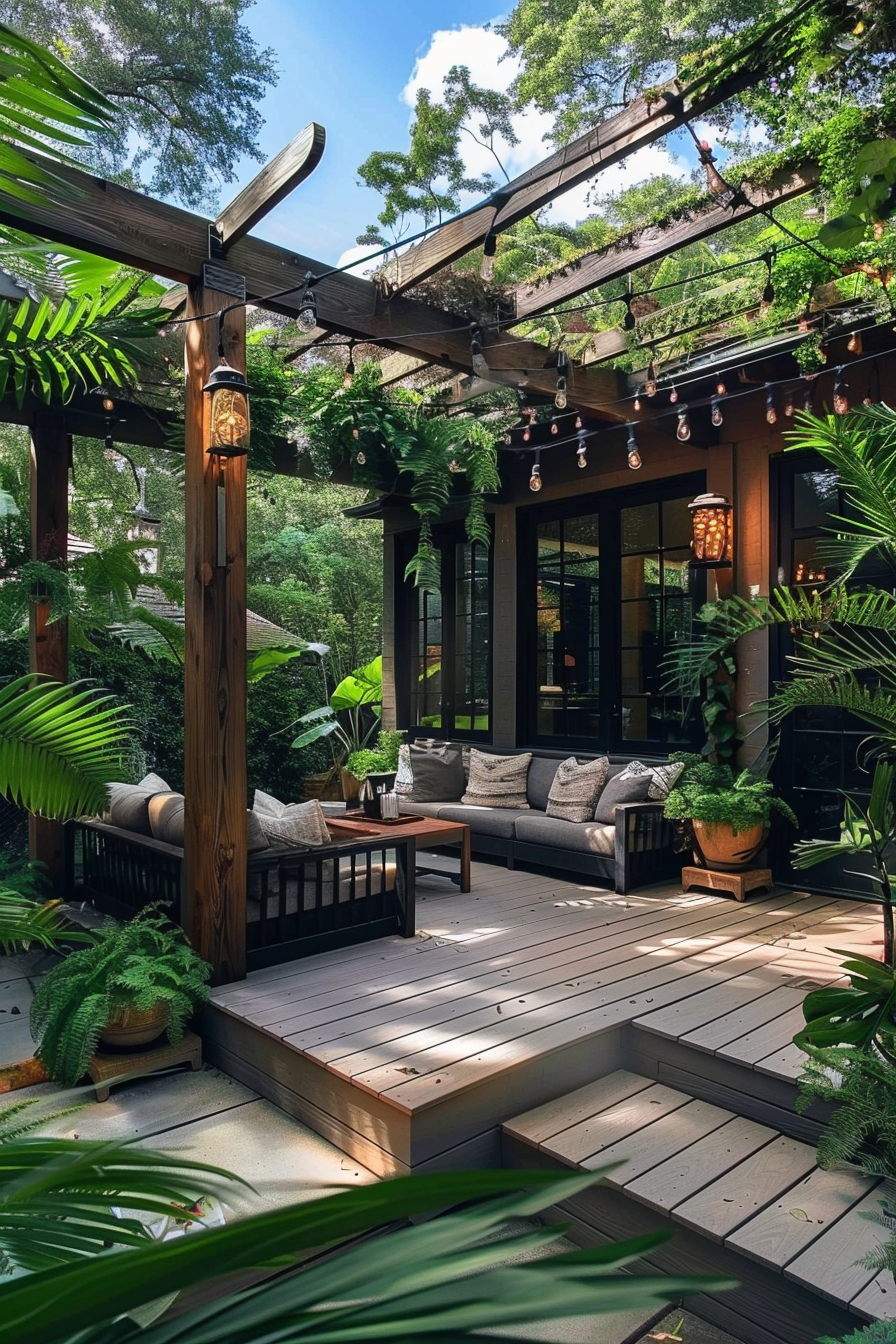 Cozy outdoor patio with wooden deck, string lights, and comfortable seating surrounded by lush greenery.