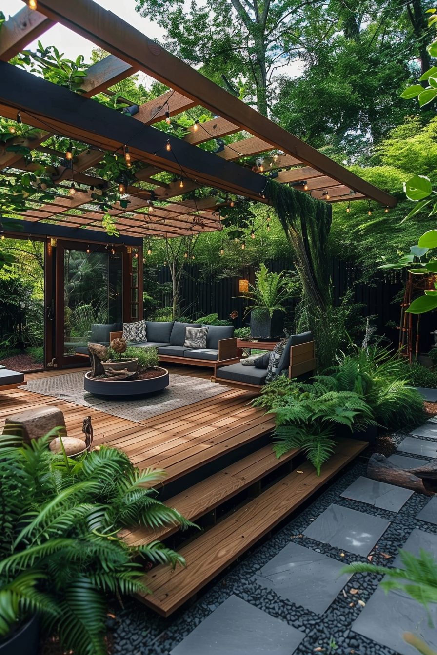 A cozy outdoor seating area with modern furniture under a wooden pergola adorned with string lights, surrounded by lush greenery and wooden decking.