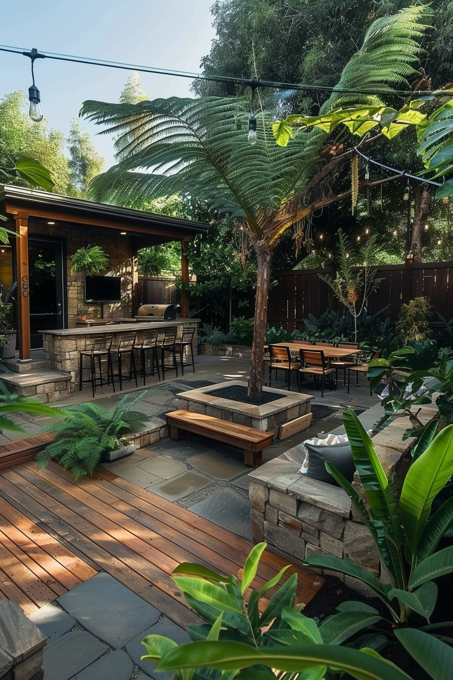 An outdoor patio area with wooden decking, stone benches, lush ferns and a covered bar area with stools under hanging lights.