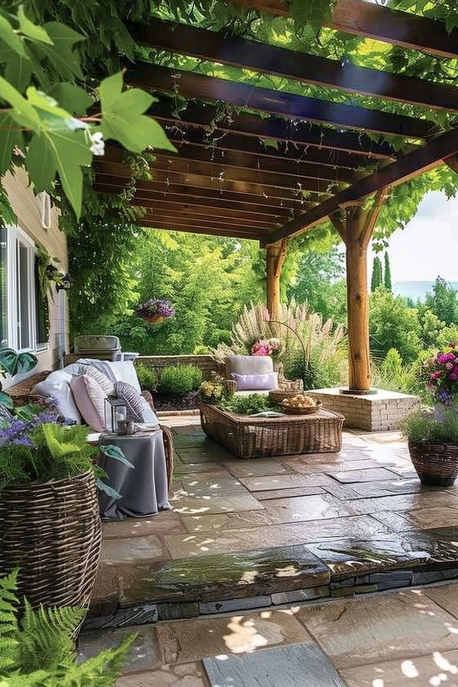 Cozy patio with wicker furniture, potted plants, pergola overhead, and lush greenery in a tranquil garden setting.