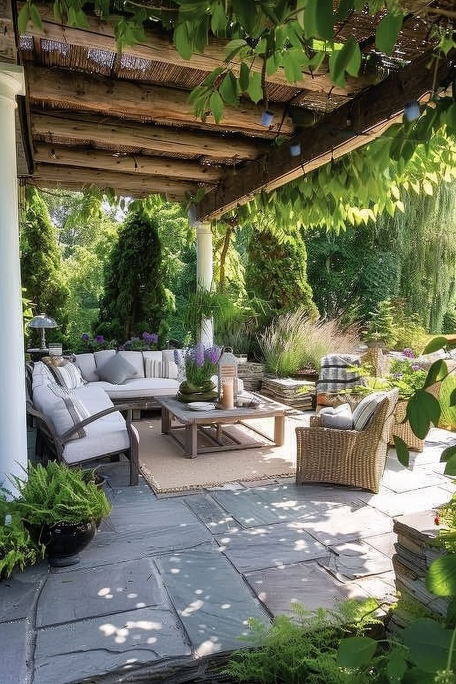 Cozy outdoor patio with wicker furniture, cushions, and a pergola, surrounded by lush greenery and stone paving.
