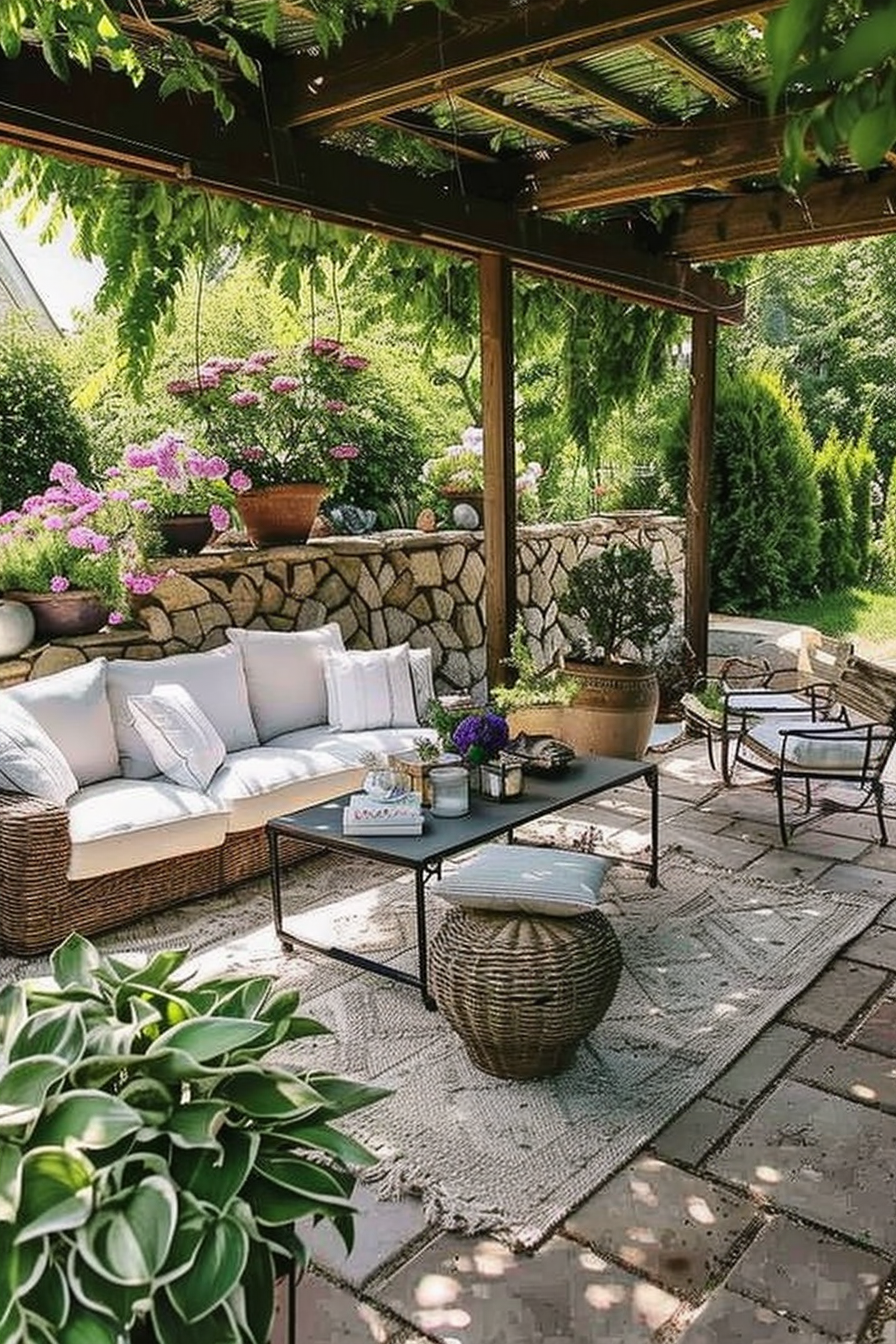 Cozy outdoor patio with wicker sofa and chairs, a central coffee table, surrounded by lush greenery and blooming flowers under a pergola.
