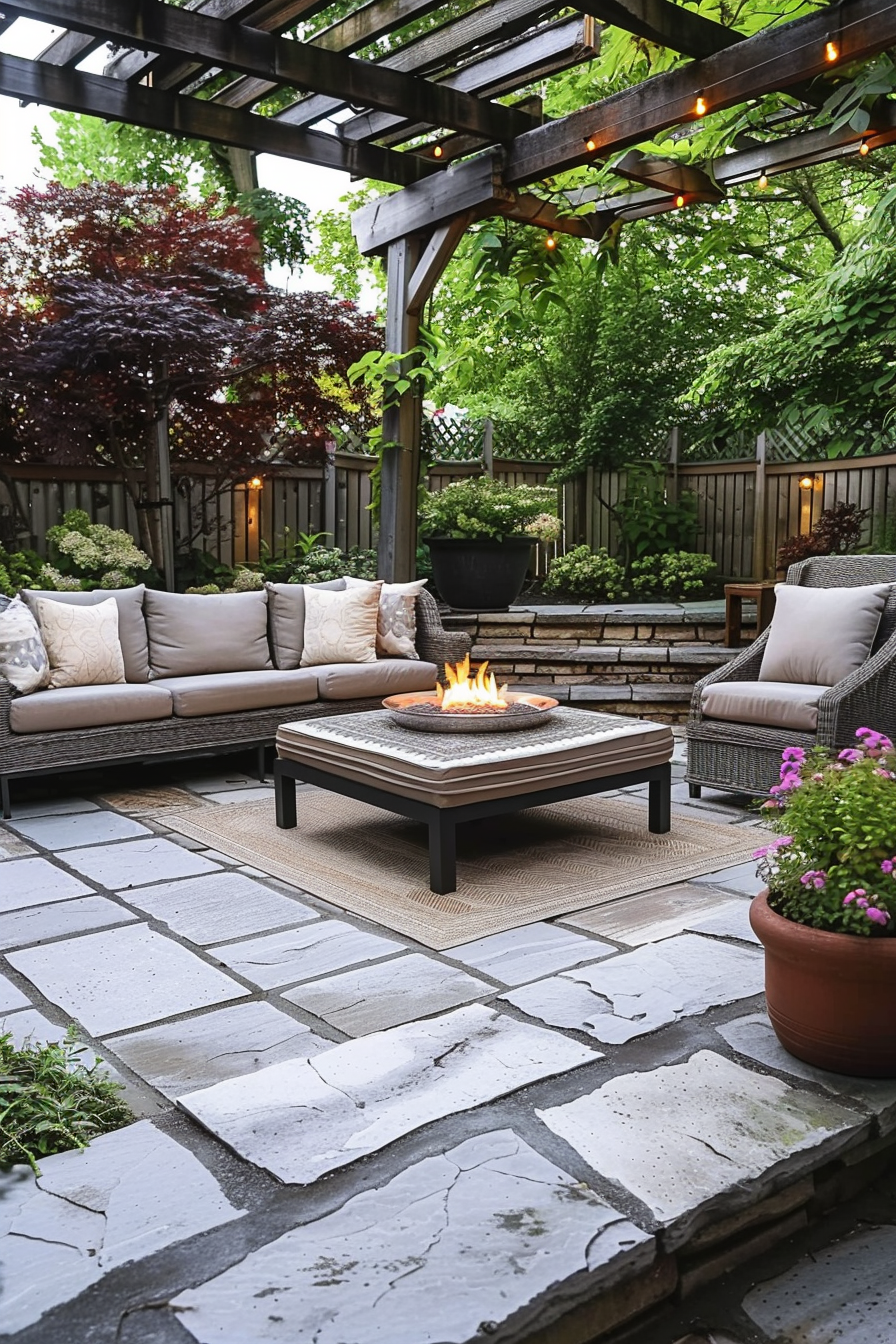 Cozy backyard patio with a fire pit, outdoor furniture, string lights, and surrounded by greenery and a wooden fence.