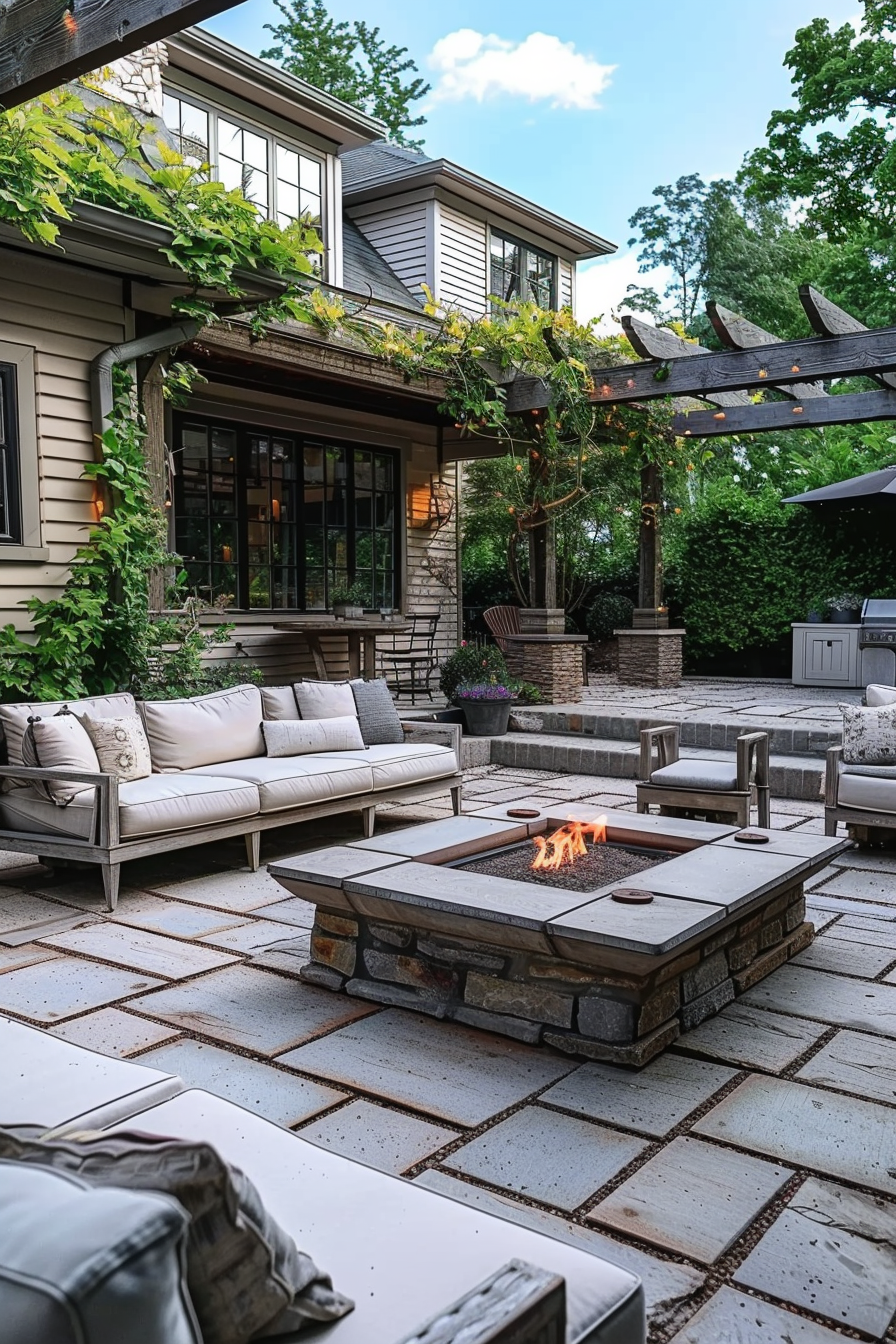 Elegant outdoor patio with a fire pit, comfortable seating, and a pergola near a modern house with large windows.