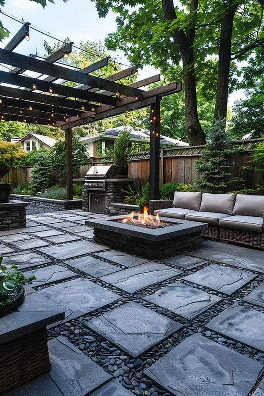 ALT: An outdoor patio featuring a fire pit, seating area, grill station, and pergola, with string lights and surrounded by lush greenery.