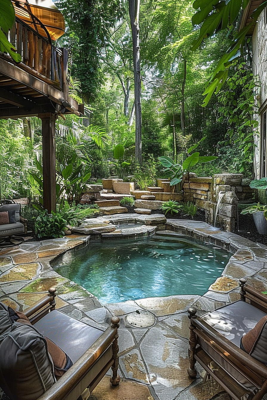 ALT text: A serene backyard oasis with a small, stone-lined pool, cascading water steps, lush greenery, and wooden patio furniture.