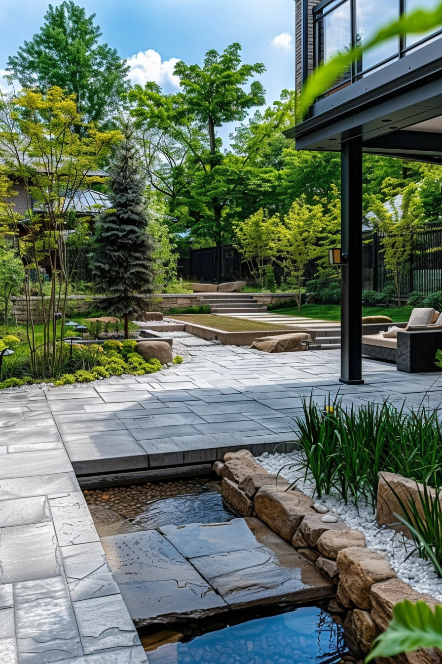 Modern backyard with stone pathway, manicured landscaping, outdoor lounge area, and a small pond on a sunny day.