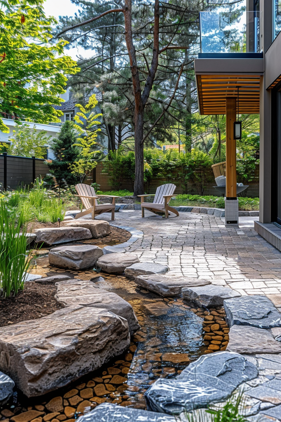 Modern backyard with stone pathway, wooden chairs, a small stream, and surrounded by lush trees and plants.