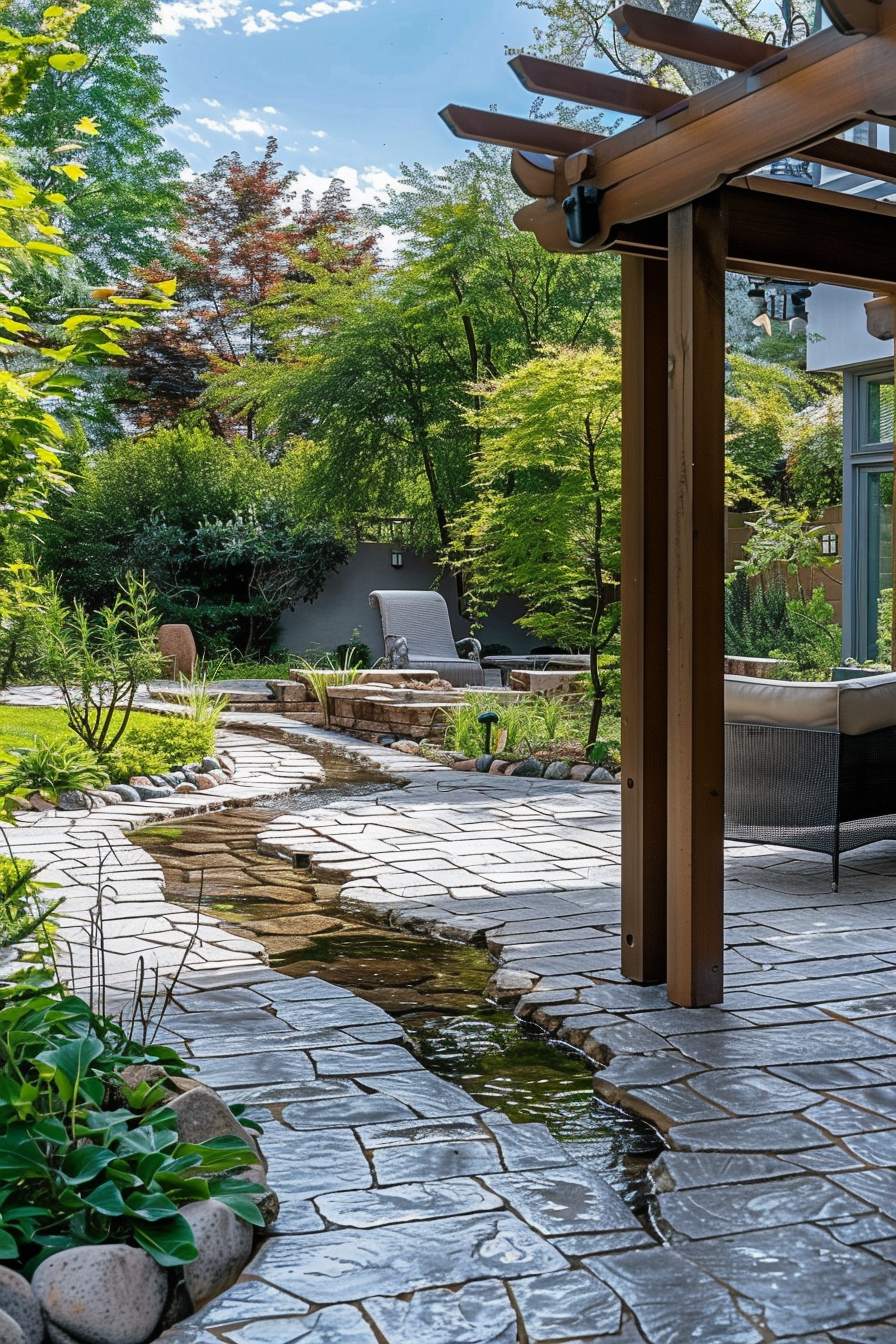 A serene backyard garden with a winding stone path leading to a lounge chair, surrounded by lush greenery and a small water feature.