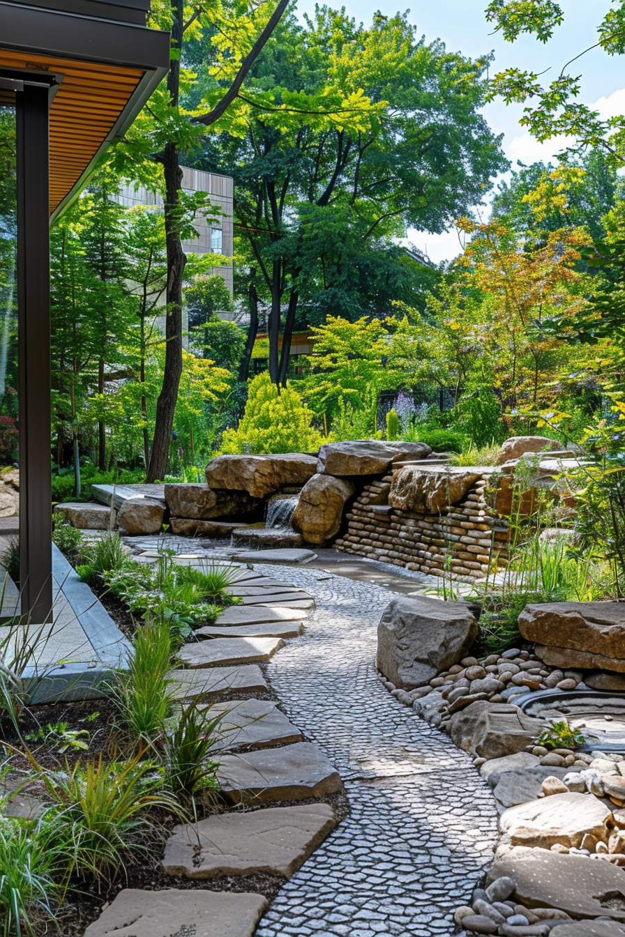 Stone pathway winding through a lush garden with a small waterfall and green trees in an urban setting.