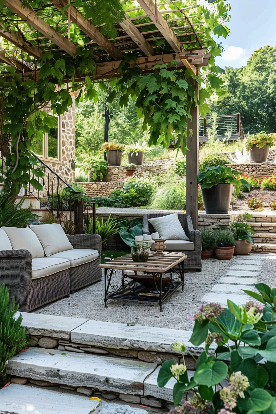 A cozy outdoor patio with wicker furniture and a wooden pergola, surrounded by lush greenery and terraced garden beds.
