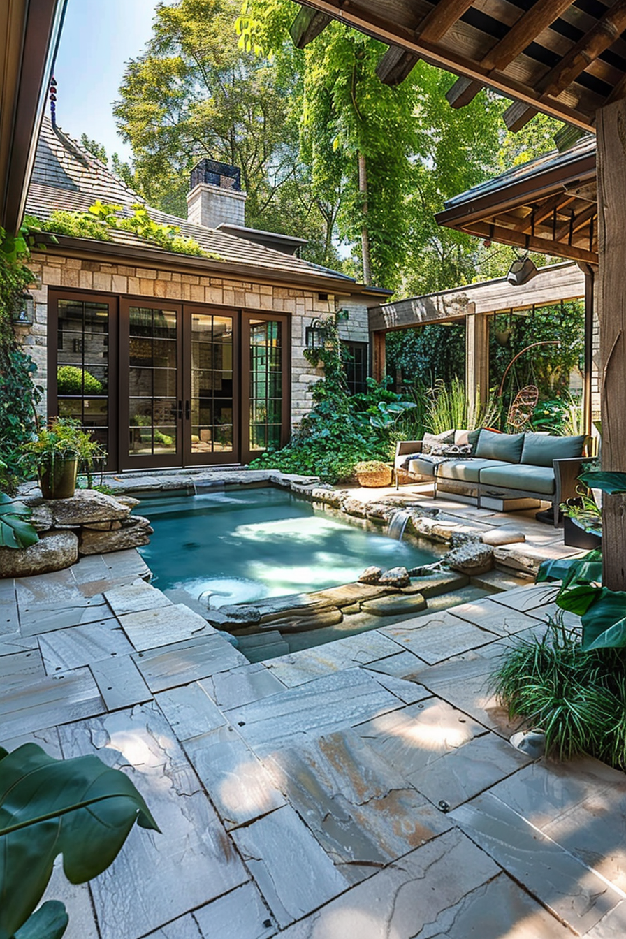 Luxurious backyard with a natural stone plunge pool, stone patio, outdoor furniture under a wooden pergola, surrounded by lush greenery.