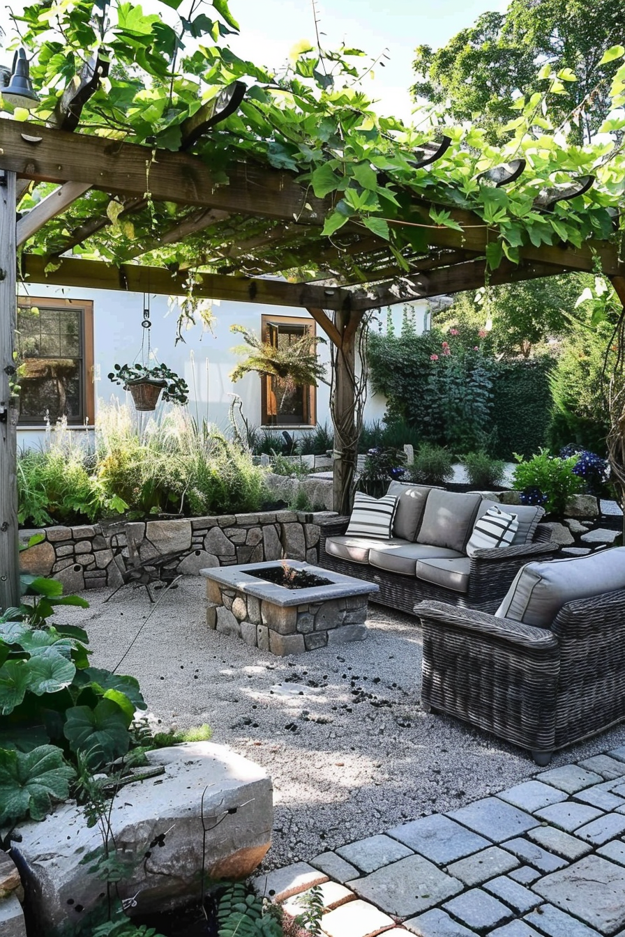 Cozy garden patio with a wicker couch, fire pit, and pergola covered by leafy vines.
