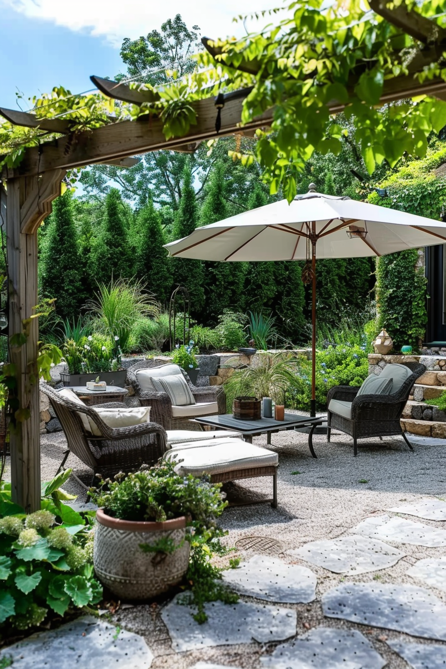 Peaceful garden patio with wicker furniture, large umbrella, and lush greenery under a sunny sky.