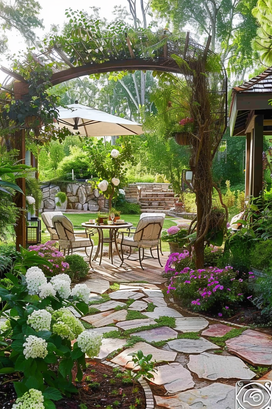 A beautifully landscaped garden with a stone pathway leading to a patio area with chairs, a table, and an open umbrella, surrounded by lush greenery and flowers.