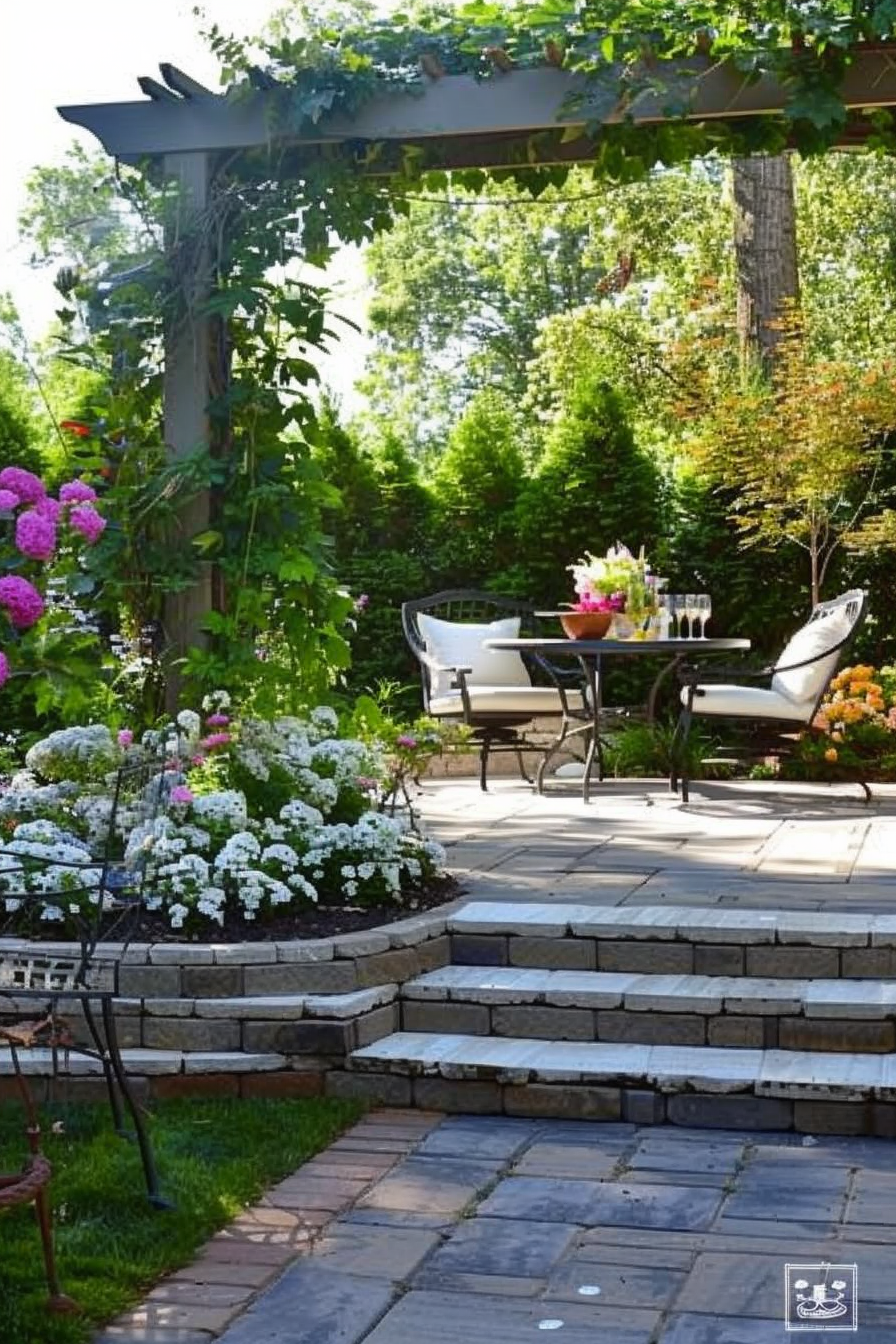 A peaceful garden patio with stone steps, a pergola, outdoor furniture, and an array of blooming flowers in various colors.