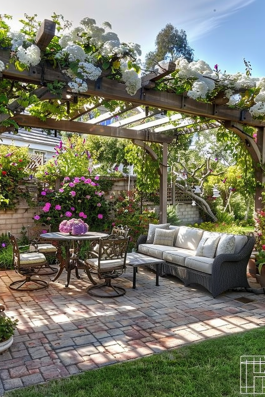 A cozy garden patio with a pergola adorned with blooming flowers, comfortable outdoor furniture, and patterned paving stones.