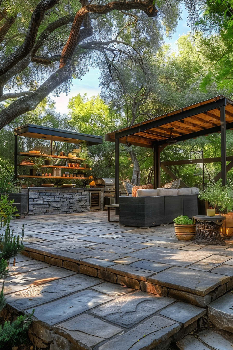 Modern outdoor patio with stone flooring, pergola, seating area, and built-in barbecue surrounded by lush greenery.