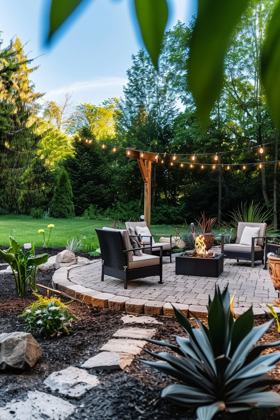 Cozy backyard patio with fire pit, outdoor seating, string lights, and lush foliage during twilight.