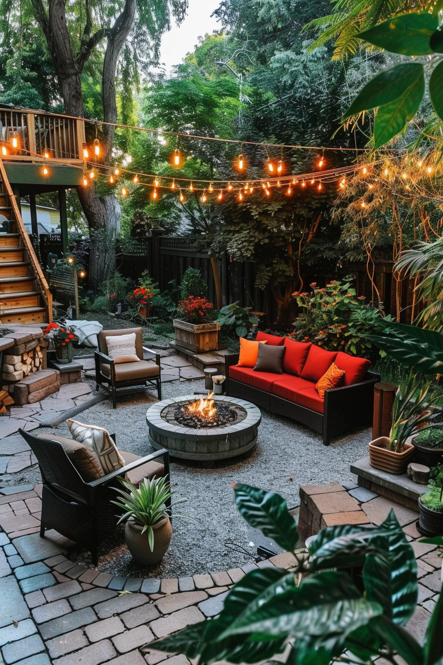 Cozy backyard patio with string lights, a fire pit, seating area with red cushions, surrounded by greenery and a wooden staircase.