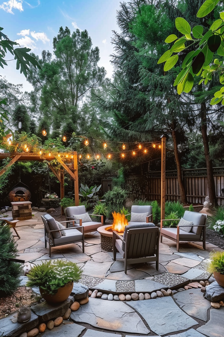Cozy backyard patio with fire pit, outdoor furniture, string lights, and lush greenery in the evening.