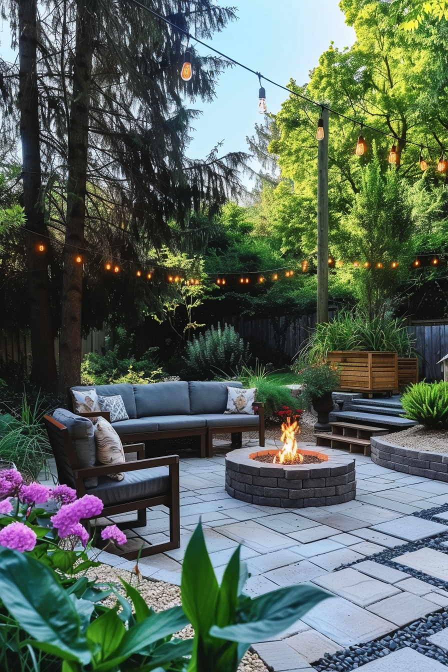 Cozy backyard patio with string lights, fire pit, outdoor seating, and surrounding greenery.