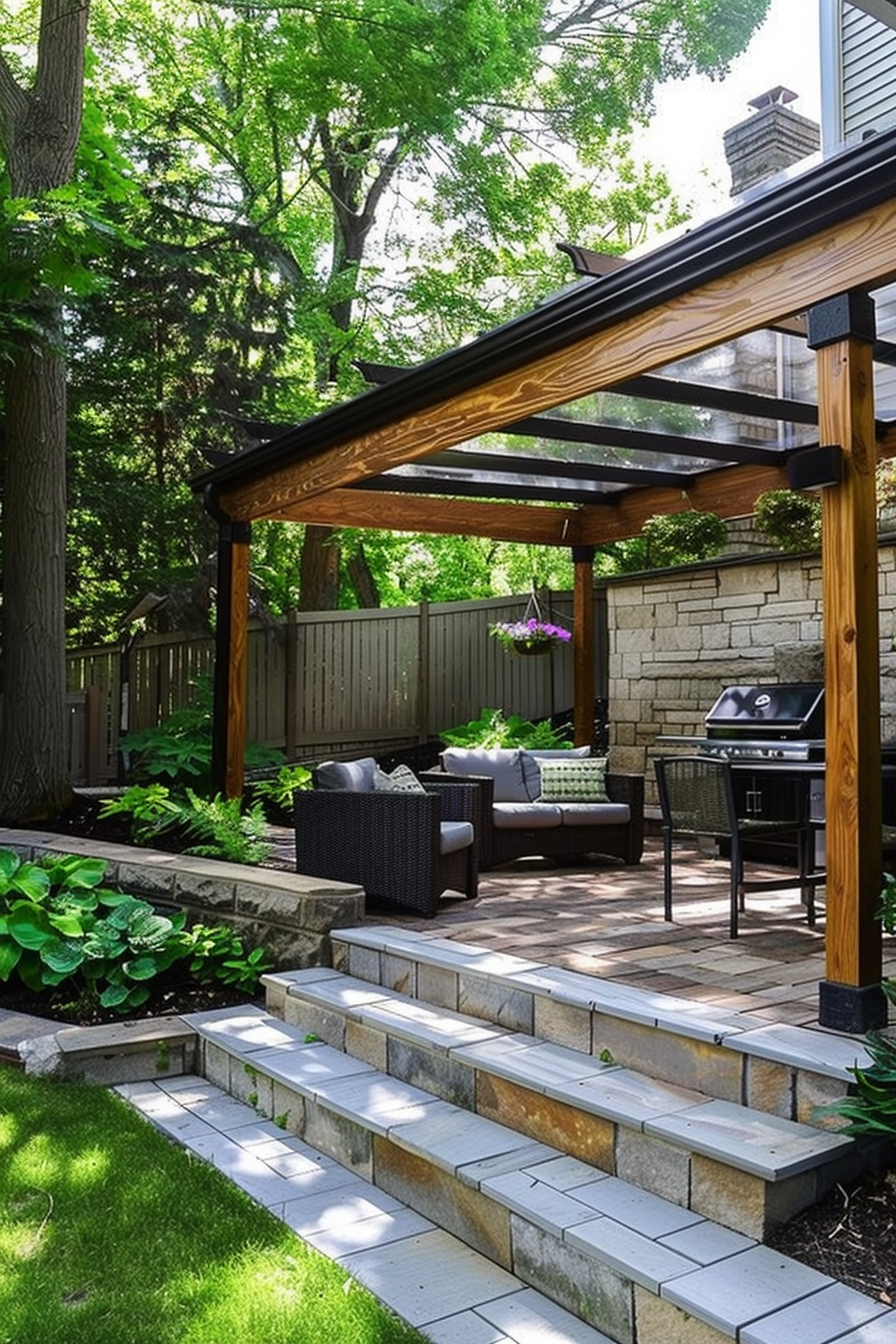 A cozy backyard patio with a pergola, outdoor furniture, stone steps, and surrounding greenery.