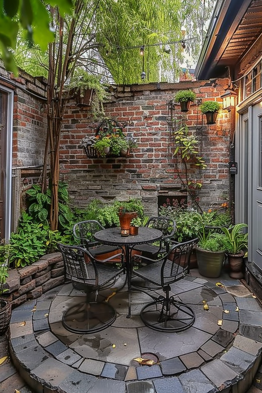 Cozy brick-walled courtyard garden with a circular stone patio, wrought-iron table and chairs, potted plants, and hanging wall plants.