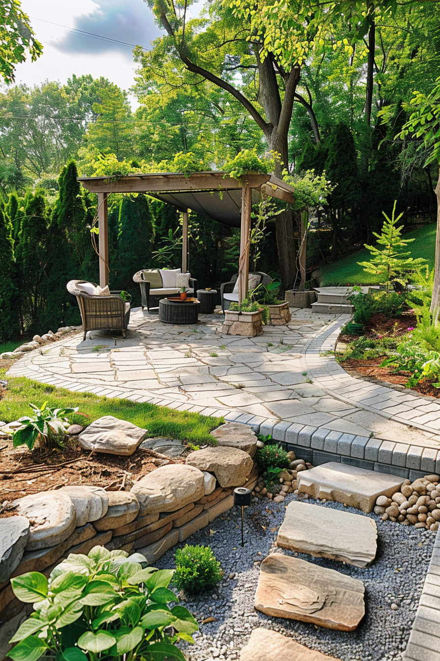 A tranquil backyard garden with stone pathways, a pergola, seating area, and lush greenery under a sunny sky.
