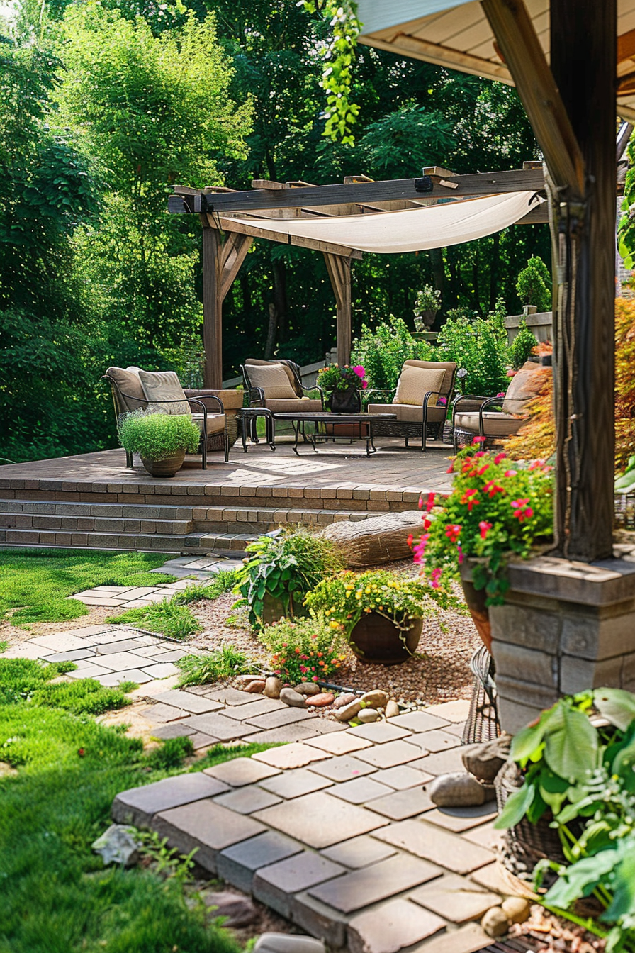 A serene backyard patio with a pergola, comfortable seating, and surrounding lush greenery and vibrant flowers.