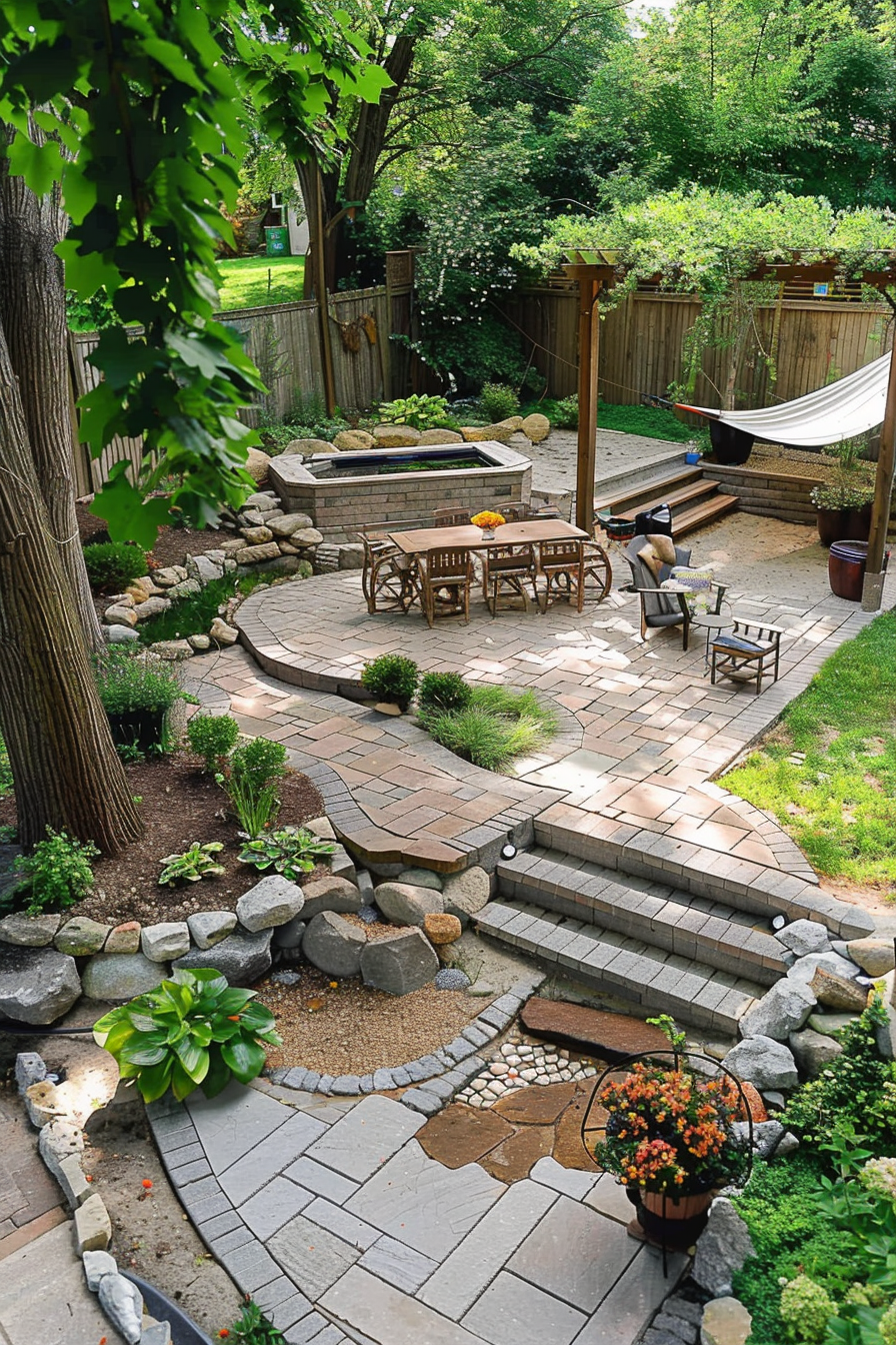 Lush backyard garden with stone pathways, wooden dining set, fire pit, hammock, and well-kept greenery.