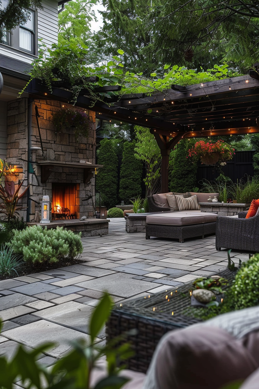 Cozy outdoor patio with fireplace, string lights, seating area, and lush greenery in a backyard setting.