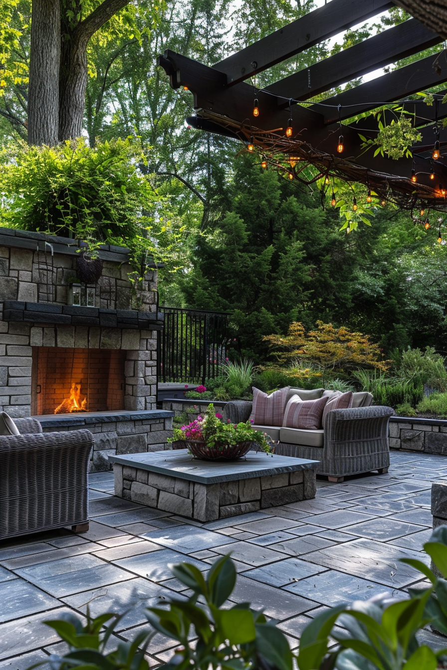 Outdoor patio with a stone fireplace, wicker furniture, hanging lights, and lush greenery in a tranquil garden setting.
