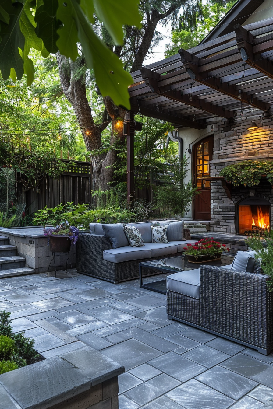 Cozy outdoor patio area with wicker furniture, lit fireplace, and string lights amidst greenery and a stone-clad house.