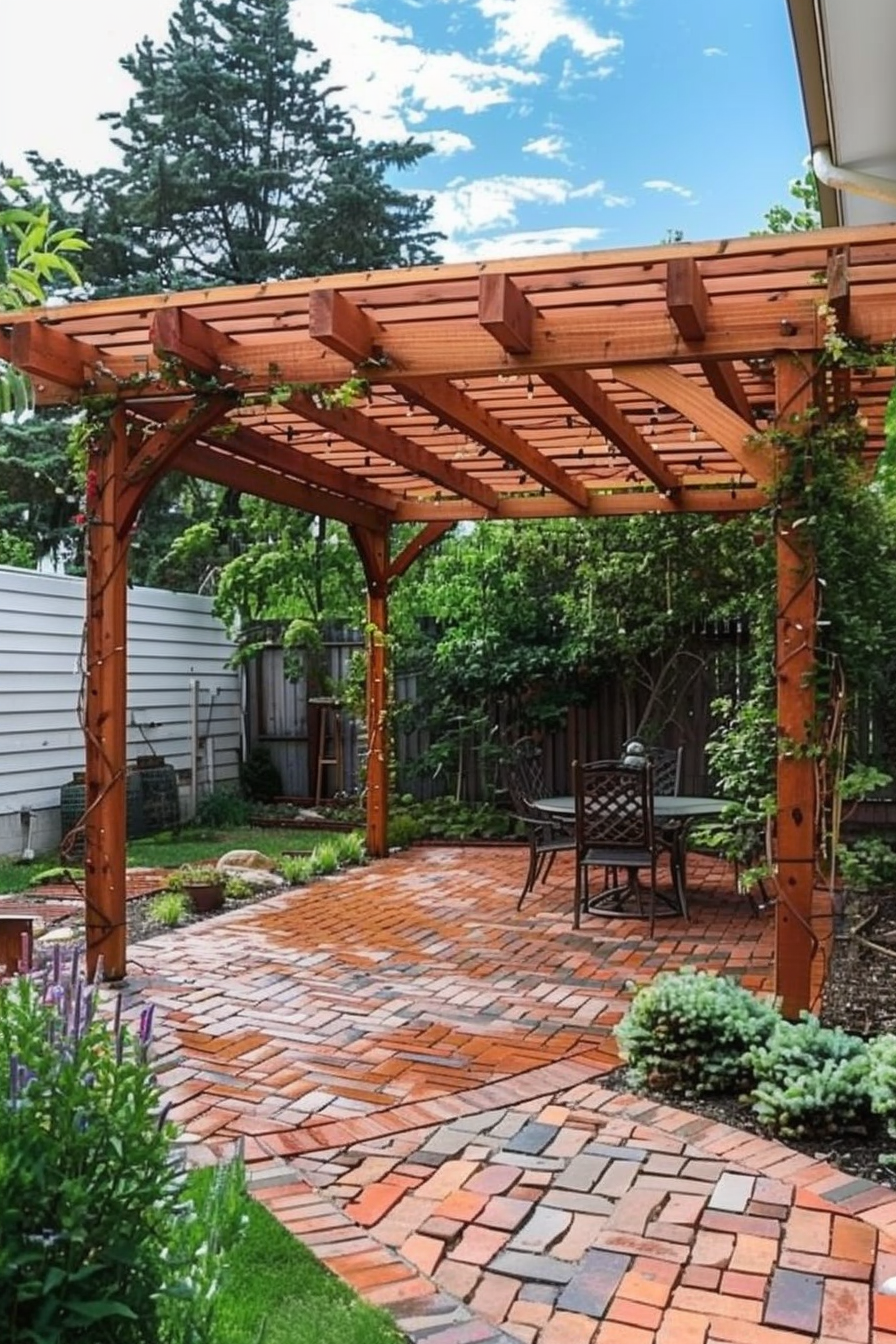 Wooden pergola over a brick patio with garden greenery and outdoor furniture in a backyard setting.