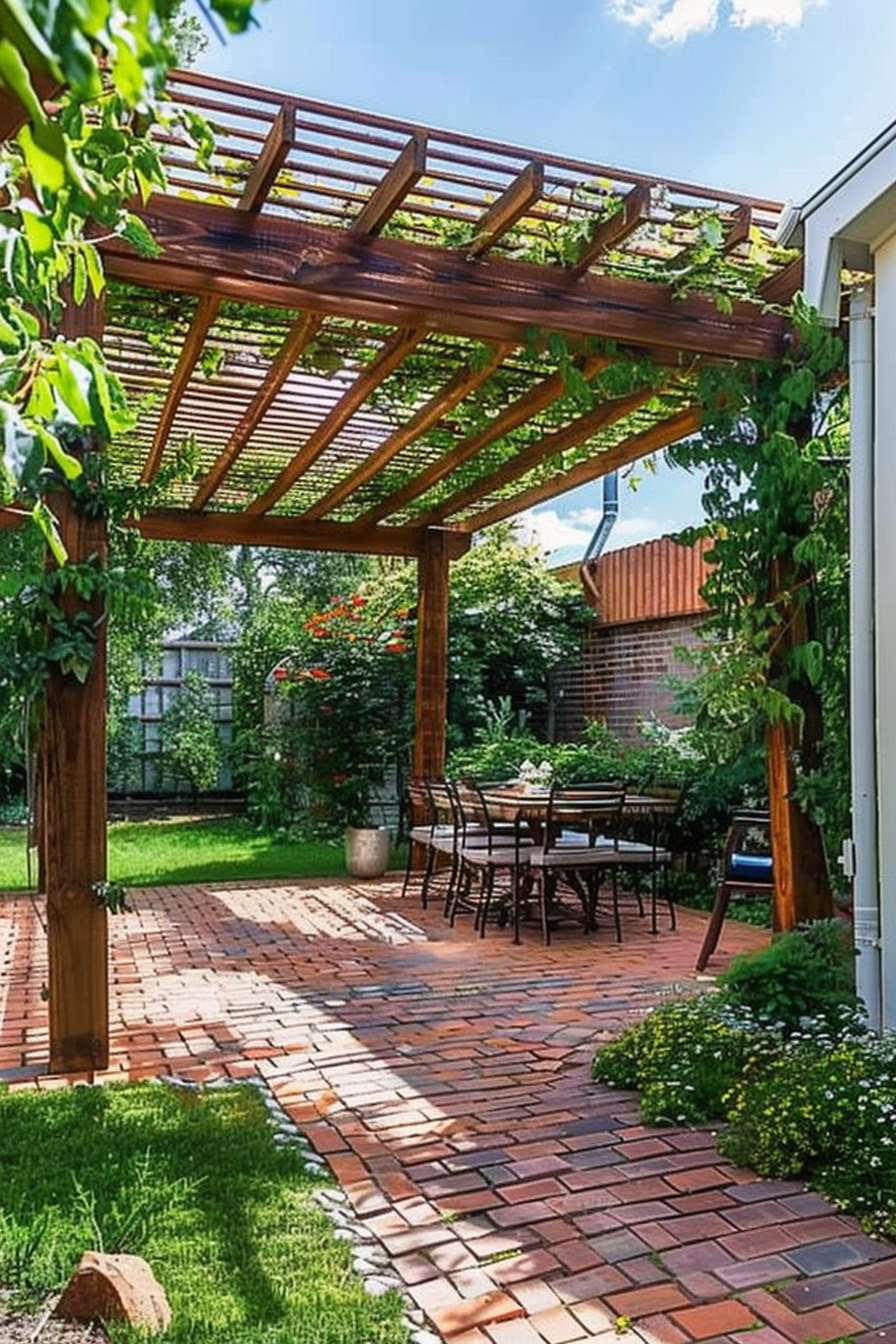 Patio with a wooden pergola covered in green vines, a dining set, brick flooring, and surrounding lush garden.