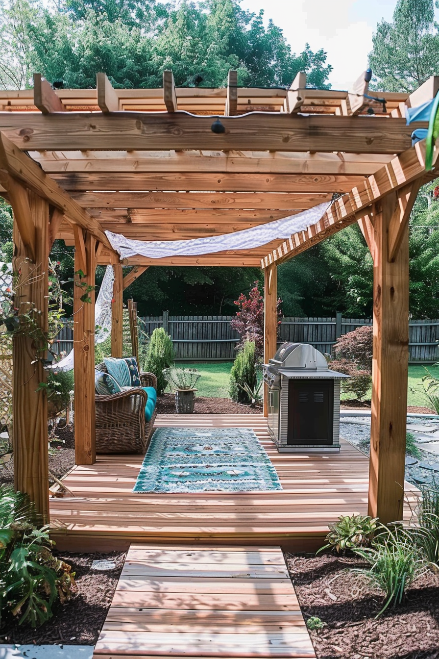 ALT: A cozy garden pergola with a wooden deck, outdoor furniture, a grill, and lush greenery under a sunny sky.