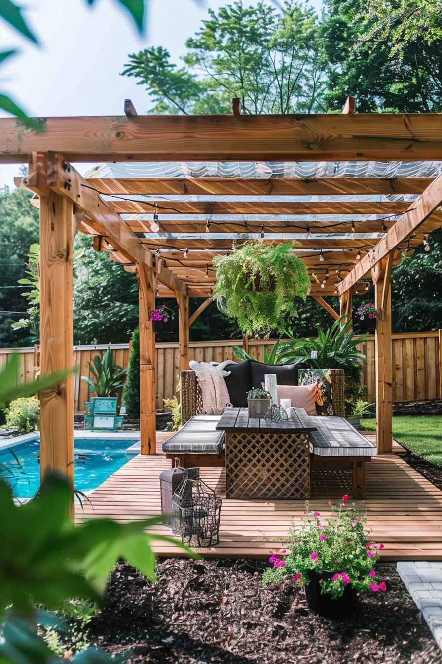 A cozy backyard patio with a pergola, comfortable seating, string lights, and a view of a pool surrounded by a wooden fence.