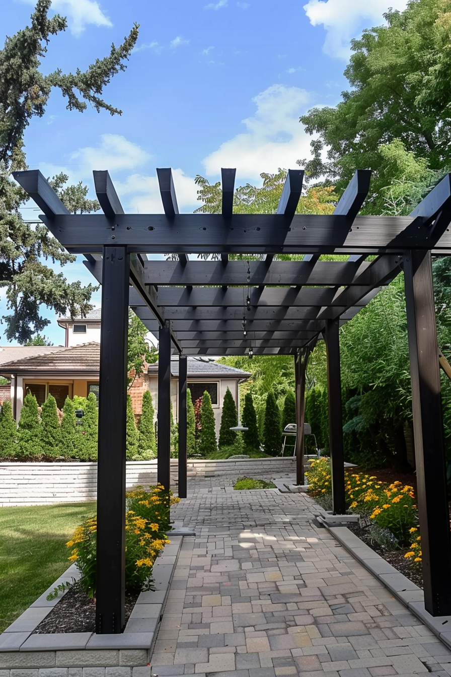 ALT text: A modern black pergola over a paved path with lush greenery and yellow flowers on either side, under a vibrant blue sky with clouds.