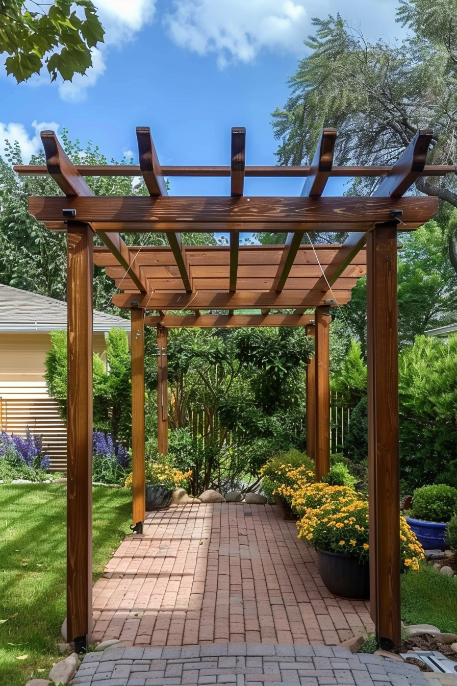 A wooden pergola over a brick pathway in a lush garden with blooming yellow flowers and greenery.