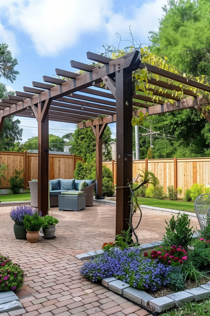 A cozy garden patio with a wooden pergola, outdoor furniture, and surrounding vibrant flowerbeds under a sunny sky.