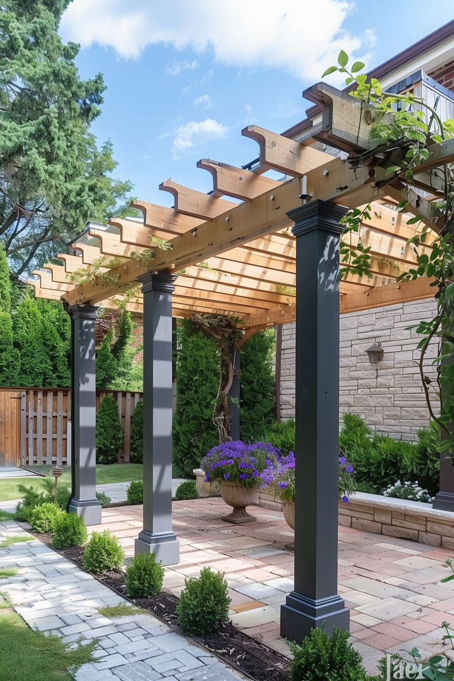 Alt text: Wooden pergola with ornate trellis design, supported by gray columns, over a paved pathway within a well-maintained garden.