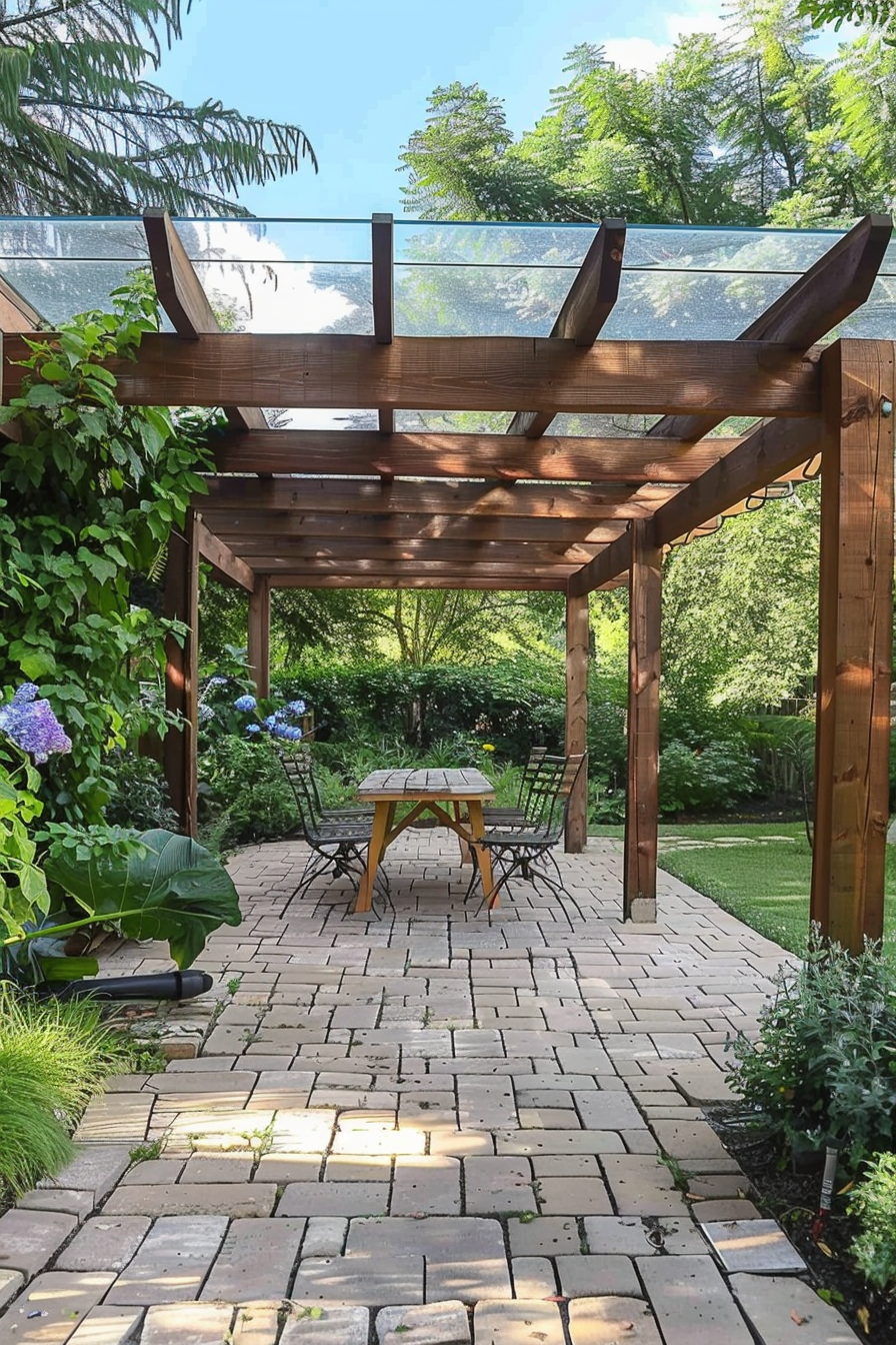 A serene garden patio with a wooden pergola and transparent roof, a table with chairs set on brick flooring, surrounded by lush greenery.