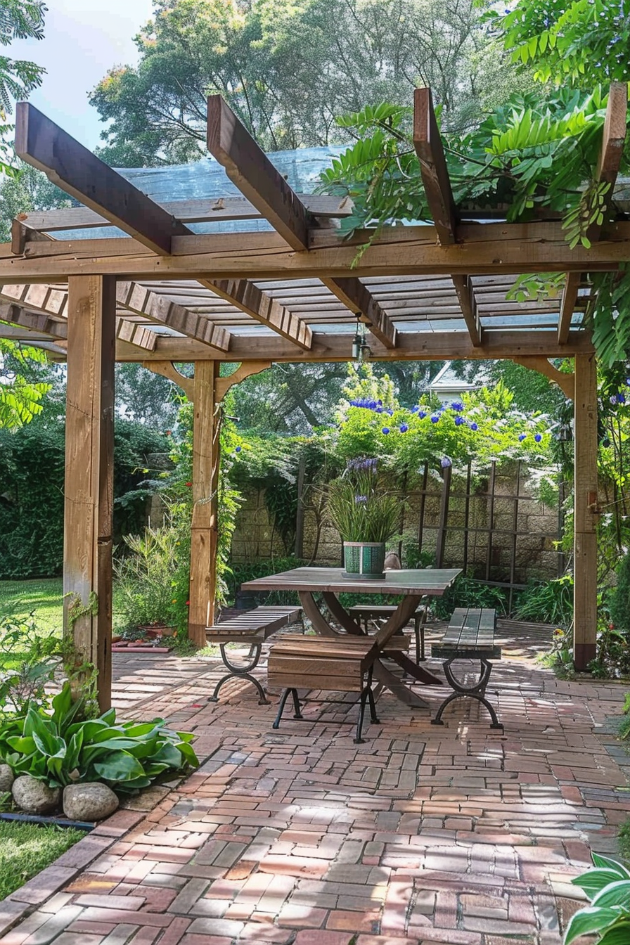 Wooden pergola with transparent roof over a picnic table on a brick patio, surrounded by greenery and blooming flowers in a garden.