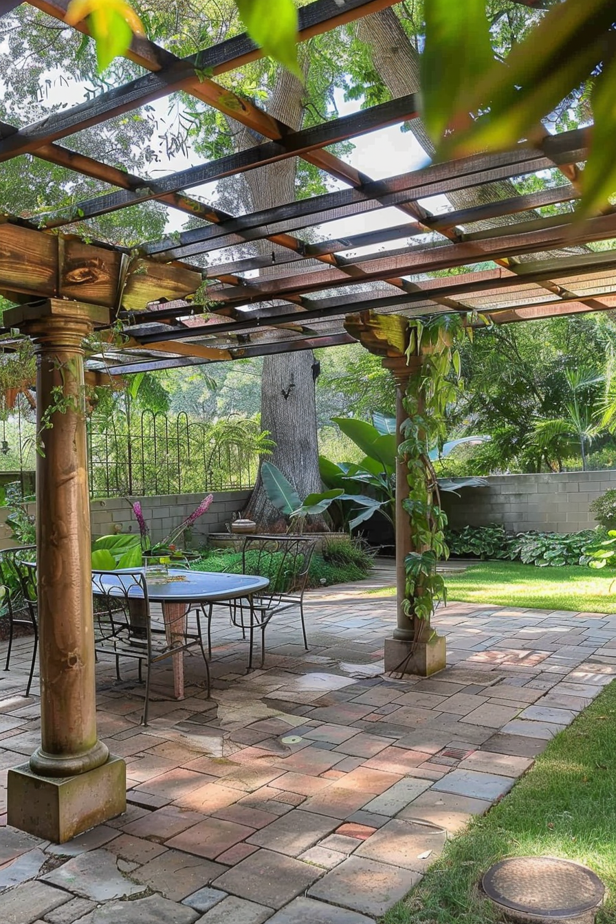 A serene garden patio with a wooden pergola, climbing plants, and a metal outdoor dining set amidst lush greenery.